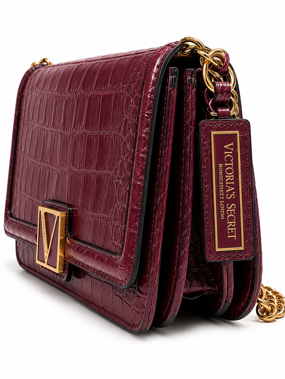 Victoria’s Secret Victoria Burgundy Croc Embossed Gold Chain Bag Purse - Picture 3 of 16